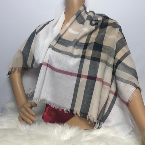 Beige Plaid Scarf Wrap Pashmina - Picture 7 of 8